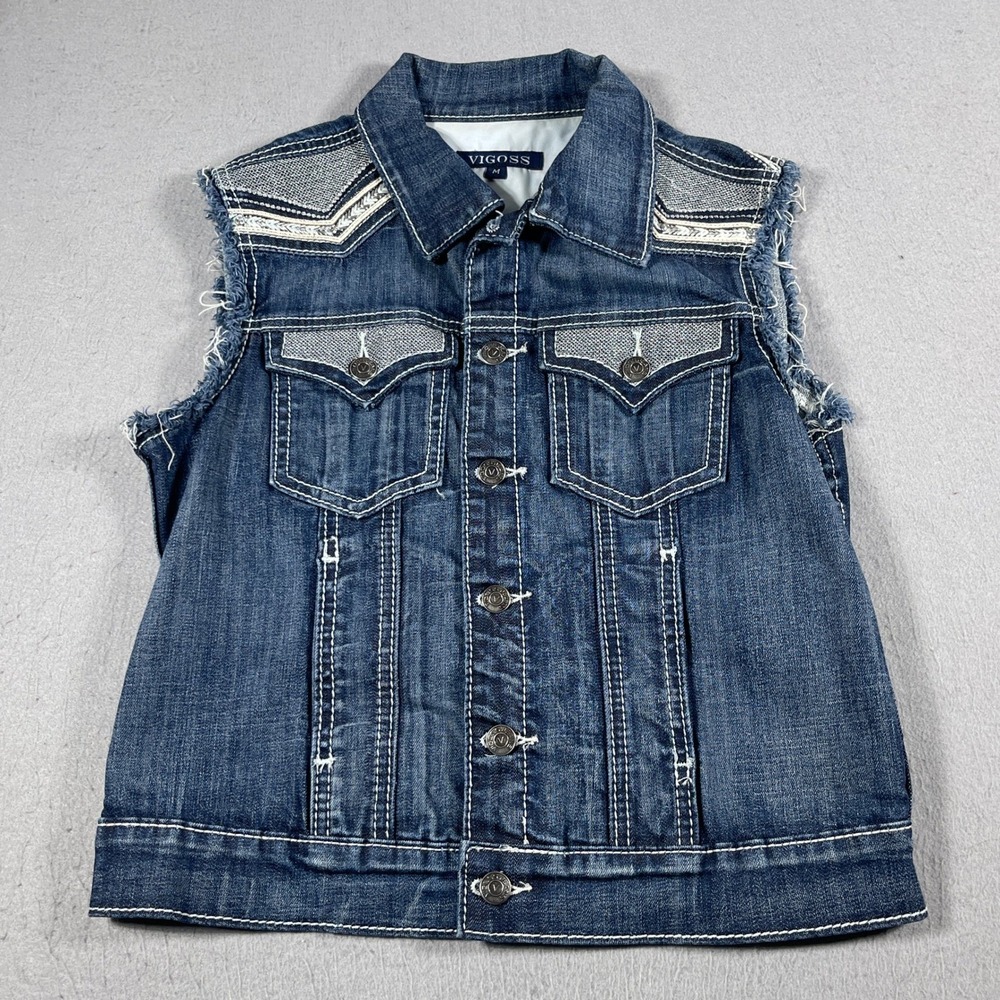 Vigoss Jeans Denim Vest‎ Women M Distressed Western Metallic Dark Wash Y2K
